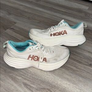 Hoka Women's Bondi 8 Athletic Shoes with Teal Interior and Rose Logo